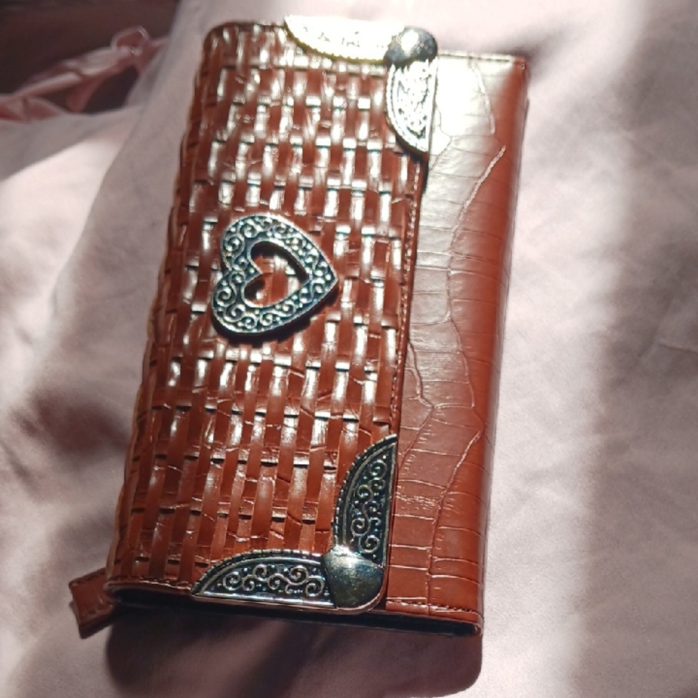 Texas Leather Manufacturing Brown Woven-Texture Wallet with Heart Accent